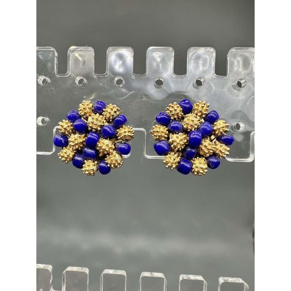 Les Bernard Gold Tone & Blue Bead Clip Earrings Vintage